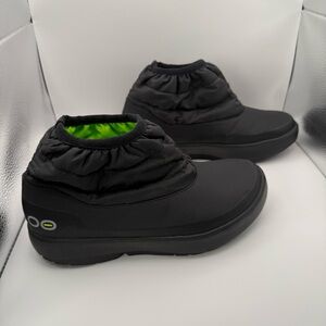 OOFOS Black Ankle Booties with Lime Green Lining